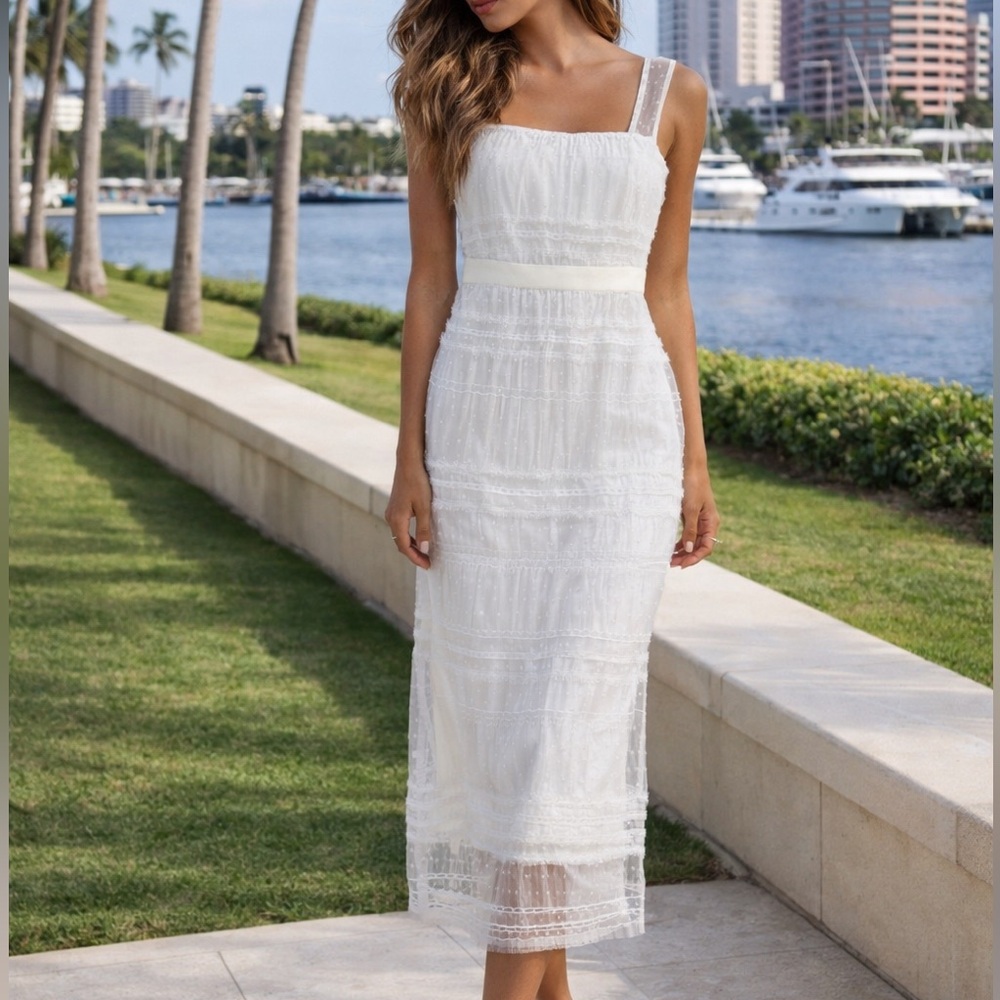 VENUS White French Dot Lace Midi Ruffled Dress Kentucky Derby Grad Bride